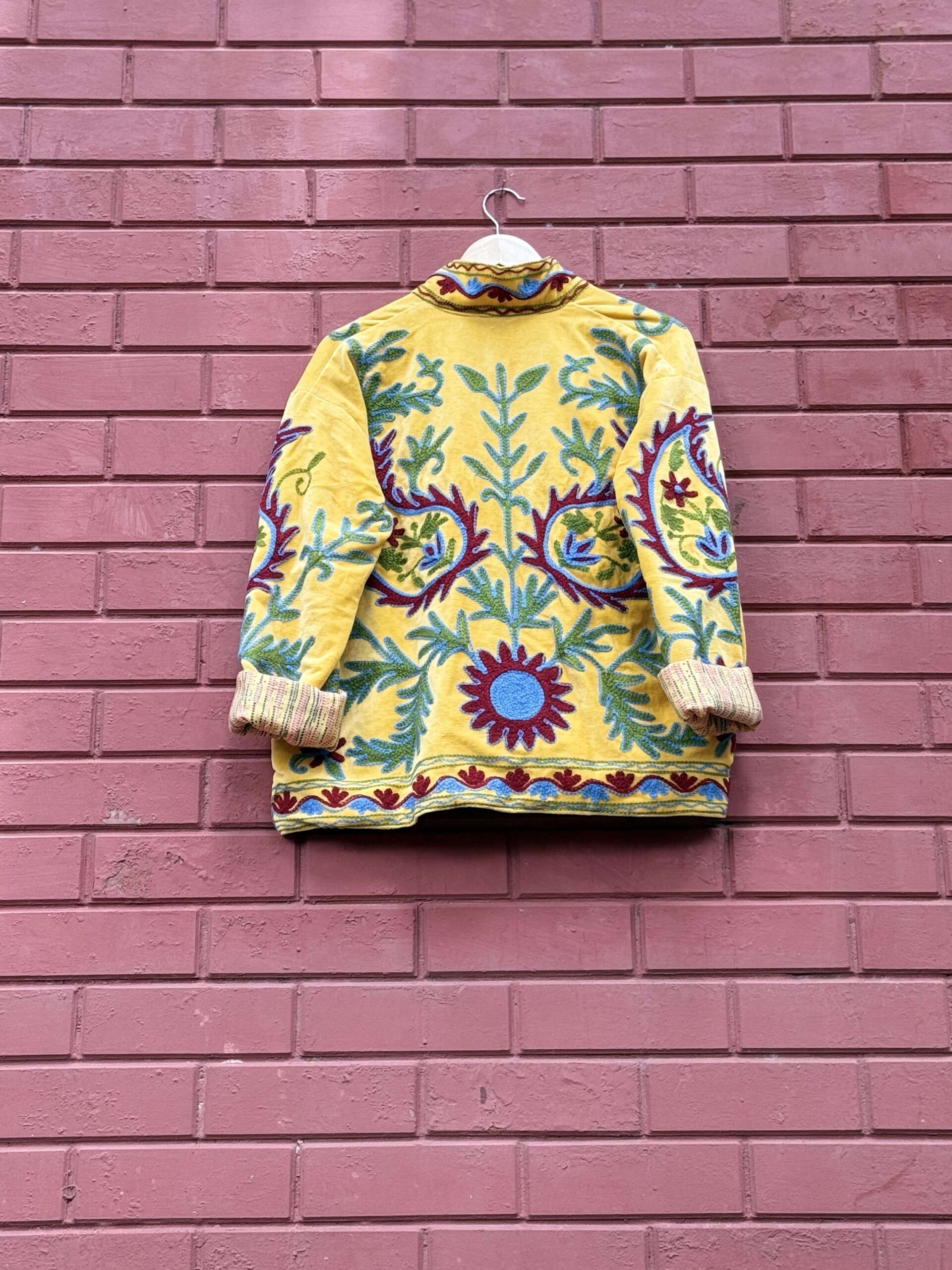 Womens Yellow Velvet Embroidered Jacket with Floral Design - Image 6