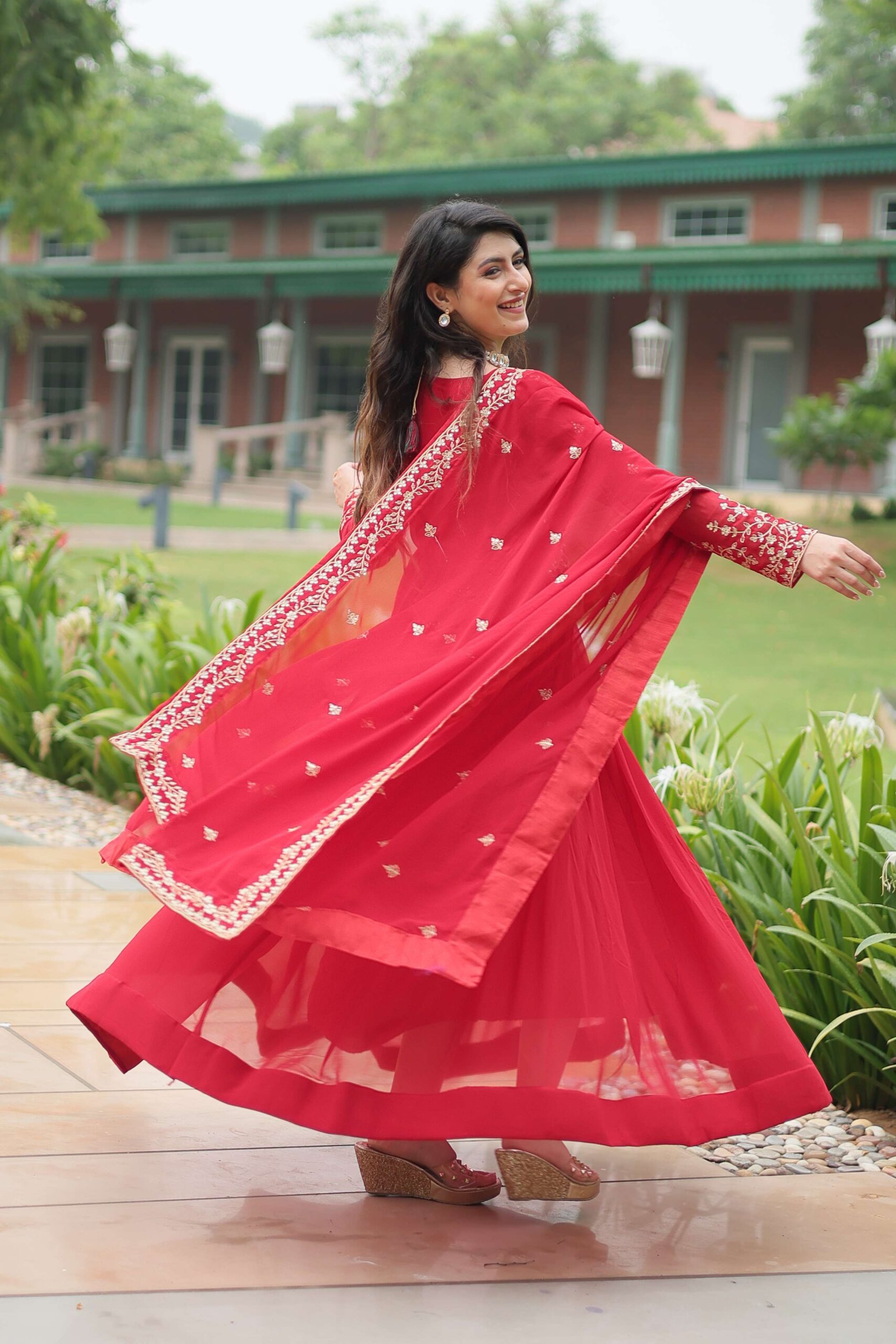 Red Faux Blooming Sequins & Zari Embroidered Gown with Matching Dupatta - Image 5