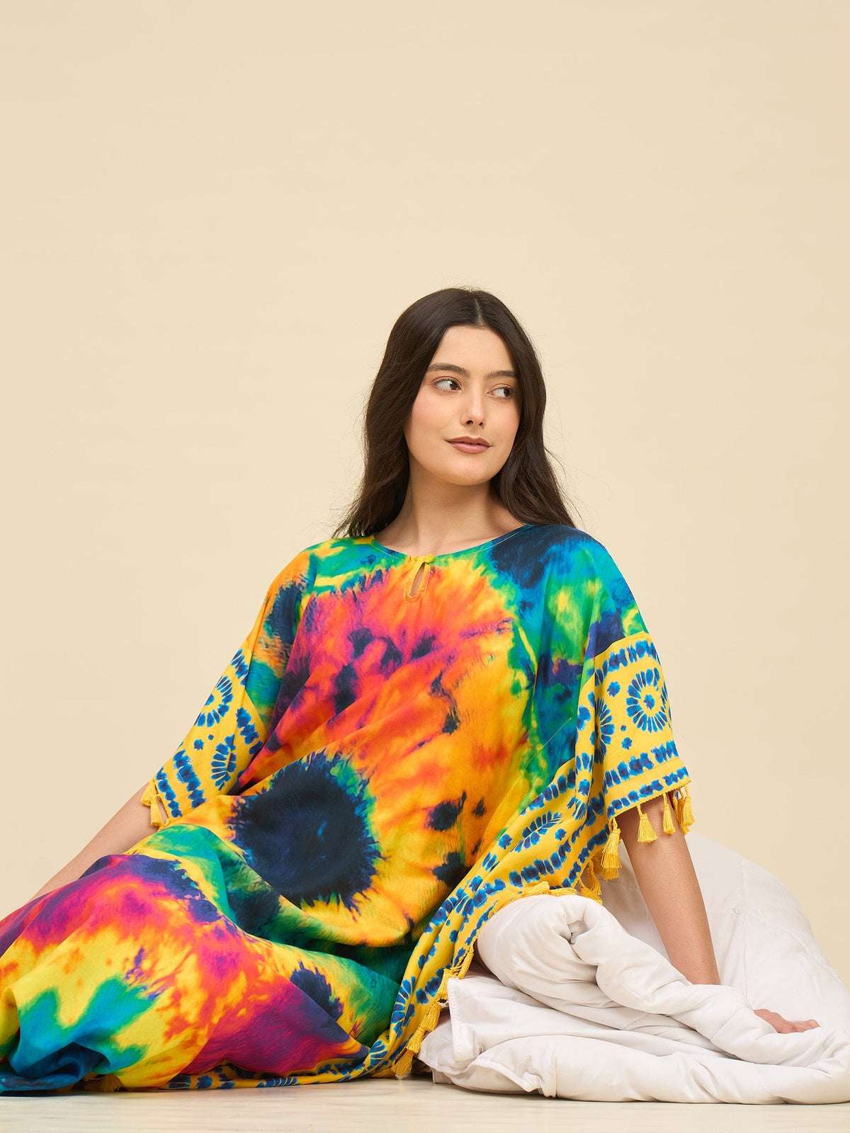 Women's Cotton Tie Dye Print Flowing Bell Sleeves Full Length Kaftan Drees Casual Beach Wear ( Multicolor ) - Image 3